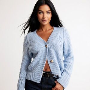 NEW Abercrombie & Fitch Cable Chunky Knit Smoke Blue Women's Cardigan Small